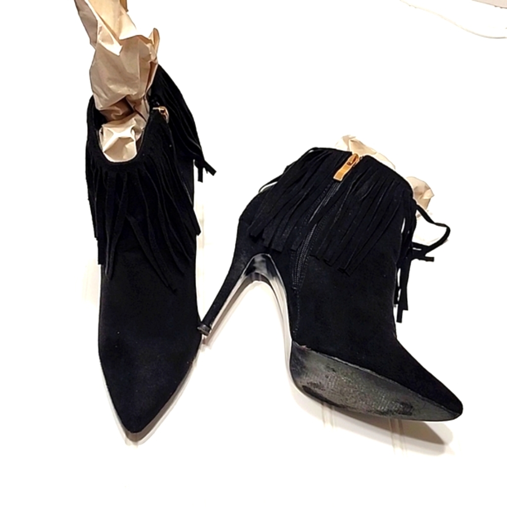 Fringe Adriana Suede Pointed Toe black Stiletto Ankle boots 8 Western